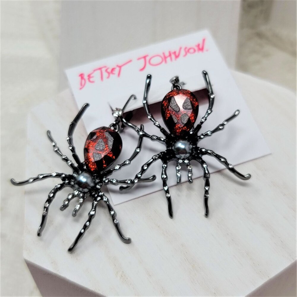 Betsey Johnson Large Spider Rhinestone Earrings - Picture 2 of 9